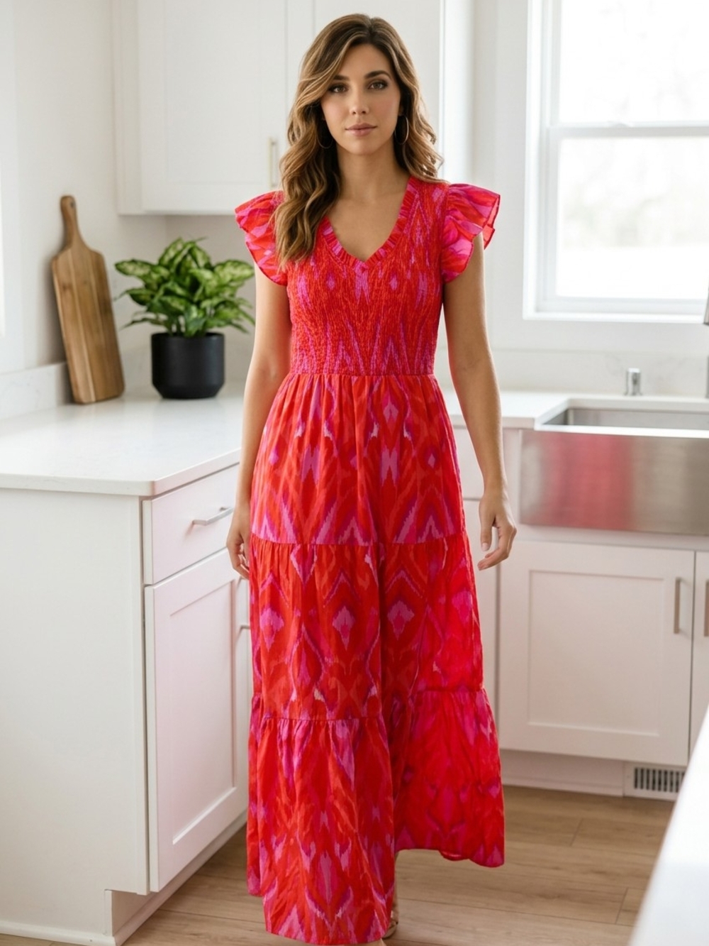 Sugarlips Red-Pink V-Neck Maxi Dress